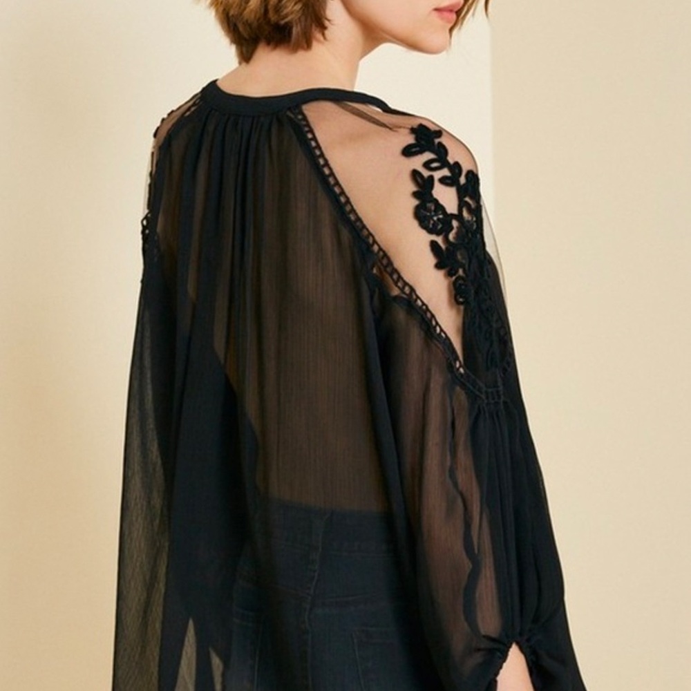 Elegant Black Lace Up Romantic Chiffon Blouse NEW - Picture 6 of 9